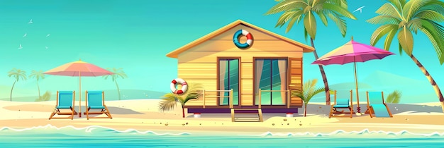 Photo a cartoon illustration of a house with a palm tree on the beach