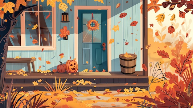 A cartoon illustration of a house with a porch and pumpkins on a fall day