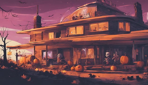 a cartoon illustration of a house with pumpkins on the front