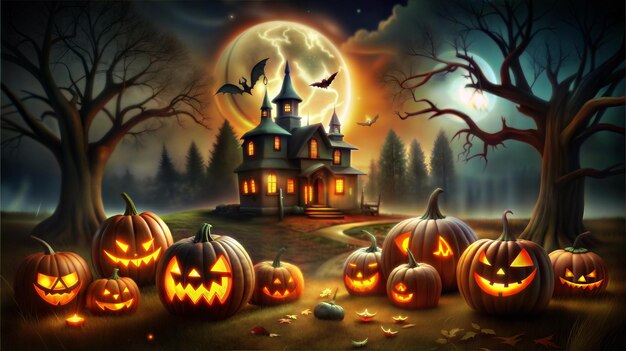 a cartoon illustration of a house with pumpkins on it