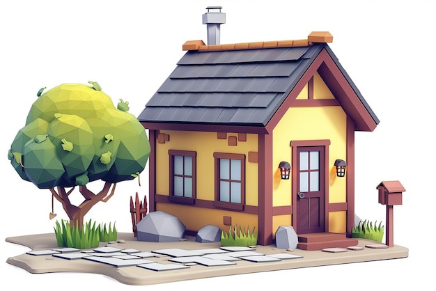 Photo a cartoon illustration of a house with a tree and a house on a white background