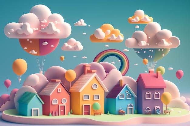 A cartoon illustration of houses with a rainbow in the sky