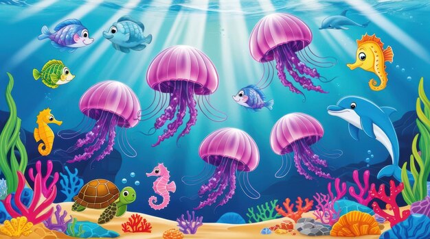 Photo a cartoon illustration of jellyfish under the sea with the sun shining through the background