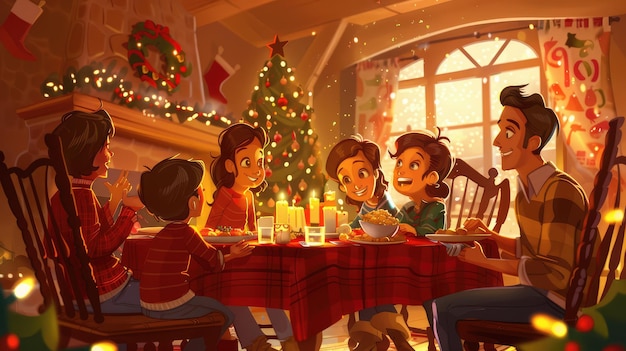 a cartoon illustration of kids eating at a table with a christmas tree in the background