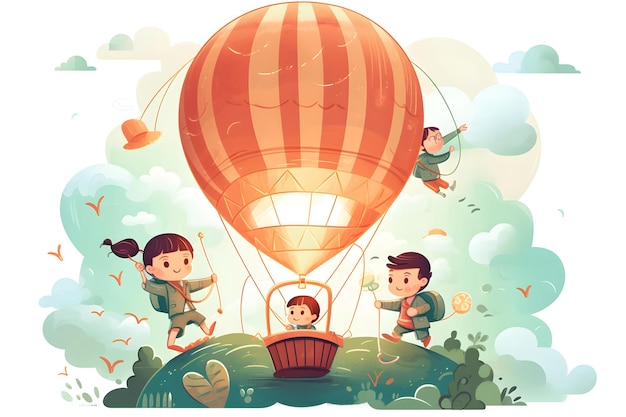 Cartoon illustration of kids on a hot air balloon