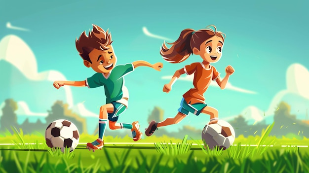 a cartoon illustration of kids playing soccer with one wearing a shirt that says  the other