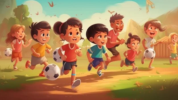 A cartoon illustration of kids running with a soccer ball.