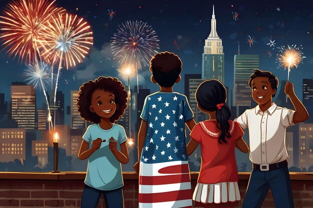 a cartoon illustration of kids with fireworks in the background