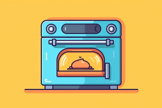 A cartoon illustration of a kitchen oven with a chicken on it.