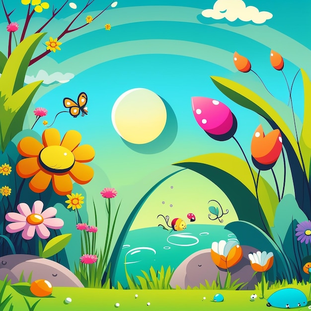 A cartoon illustration of a landscape with flowers and a butterfly.