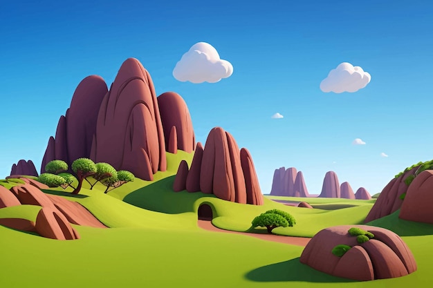 a cartoon illustration of a landscape with mountains and clouds