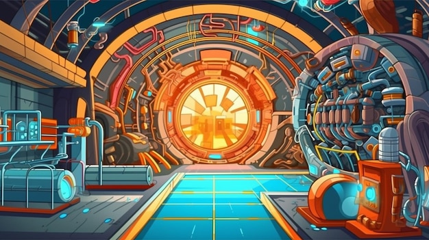 A cartoon illustration of a large machine room with a clock generative ai