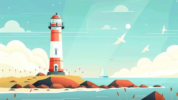 A cartoon illustration of a lighthouse on a rocky island with birds flying in the sky