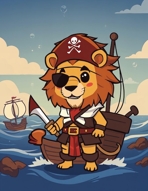 a cartoon illustration of a lion with a pirate hat and pirate ship in the background