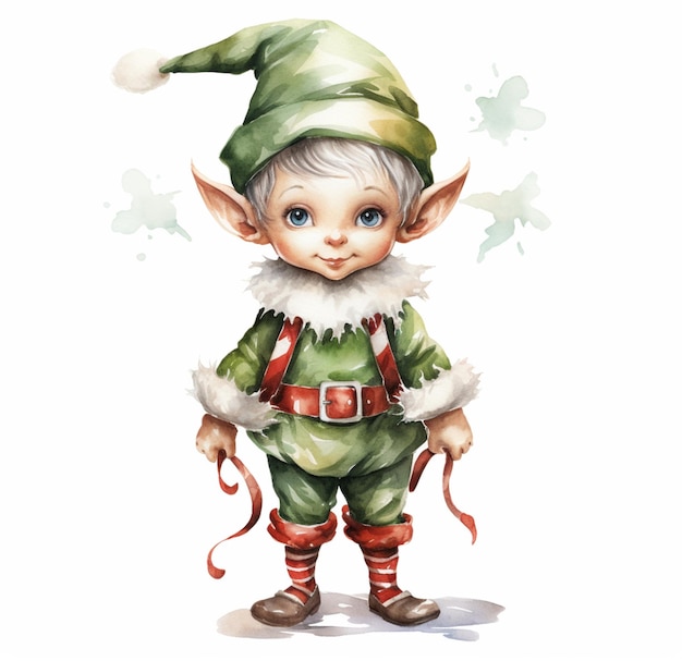 Photo cartoon illustration of a little elf with a green hat and red striped pants generative ai