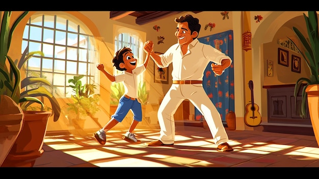 Photo a cartoon illustration of a man and a child dancing in a room with a man wearing a white shirt and