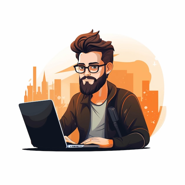 Cartoon illustration of a man with a beard using a laptop generative ai