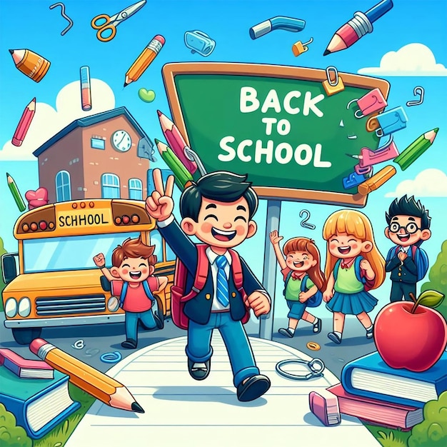 a cartoon illustration of a man with the words back to school written on it