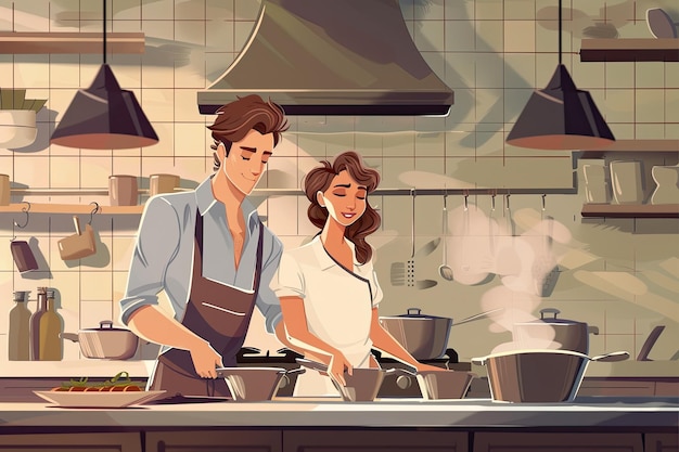 a cartoon illustration of a man and woman cooking in a kitchen