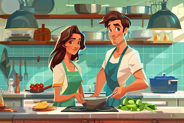 a cartoon illustration of a man and woman cooking in a kitchen