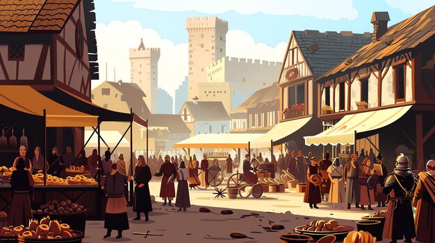 Photo a cartoon illustration of a medieval market square