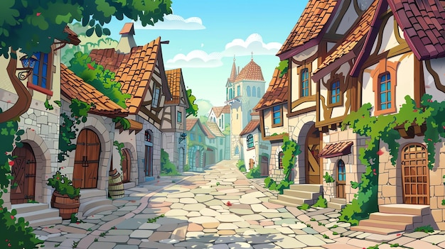 A cartoon illustration of a medieval village street