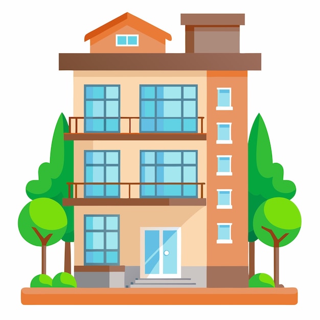 Cartoon Illustration of a Modern Apartment Building with Trees