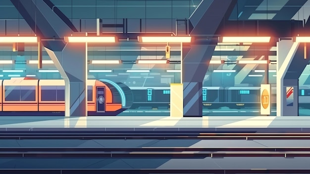 Cartoon illustration of a modern subway station with a train waiting at the platform