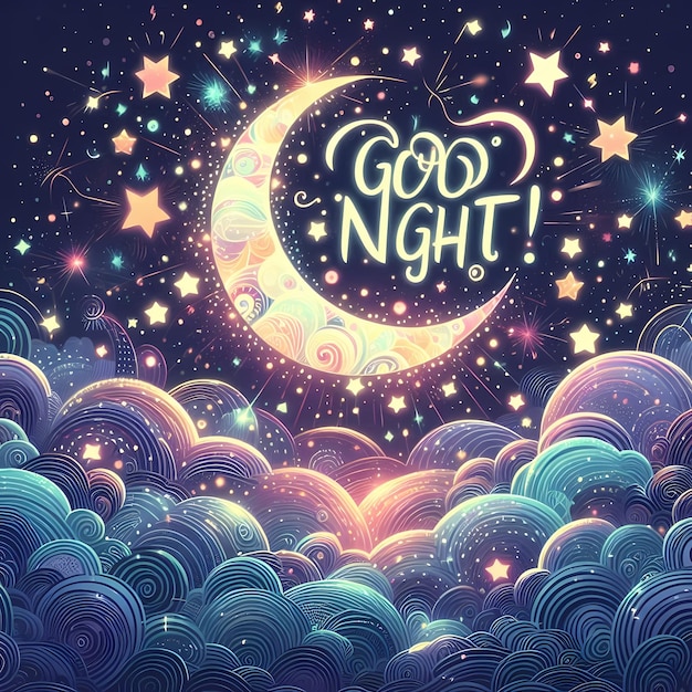 Photo a cartoon illustration of a moon and stars with the words good night