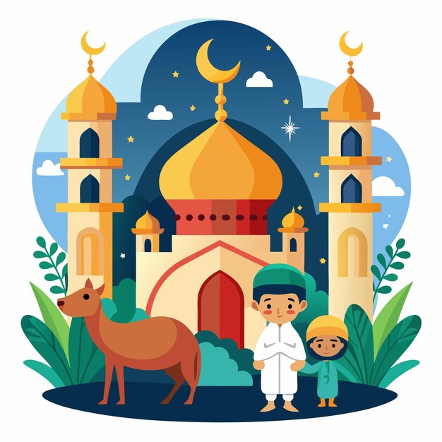 Photo a cartoon illustration of a mosque at night with two children and a camel in front