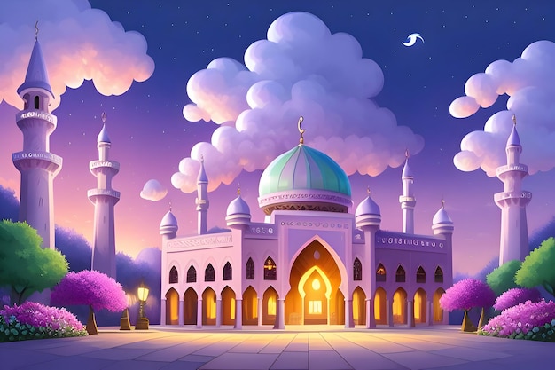 a cartoon illustration of a mosque with a blue dome and a cloudy sky