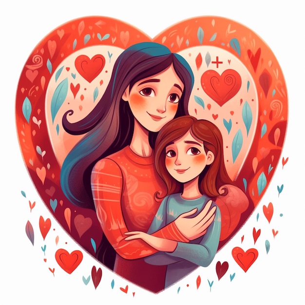 Cartoon illustration of Mother and daughter hugging