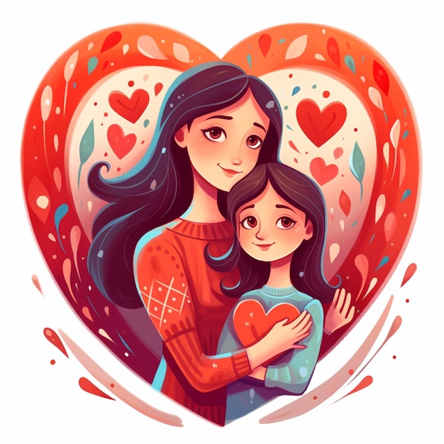 Cartoon illustration of Mother and daughter hugging