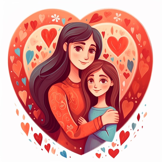 Cartoon illustration of Mother and daughter hugging