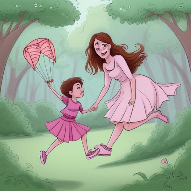 a cartoon illustration of a mother and her child running in the forest