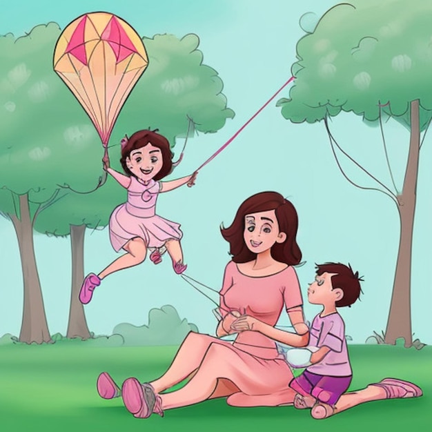 a cartoon illustration of a mother and her children playing with a kite