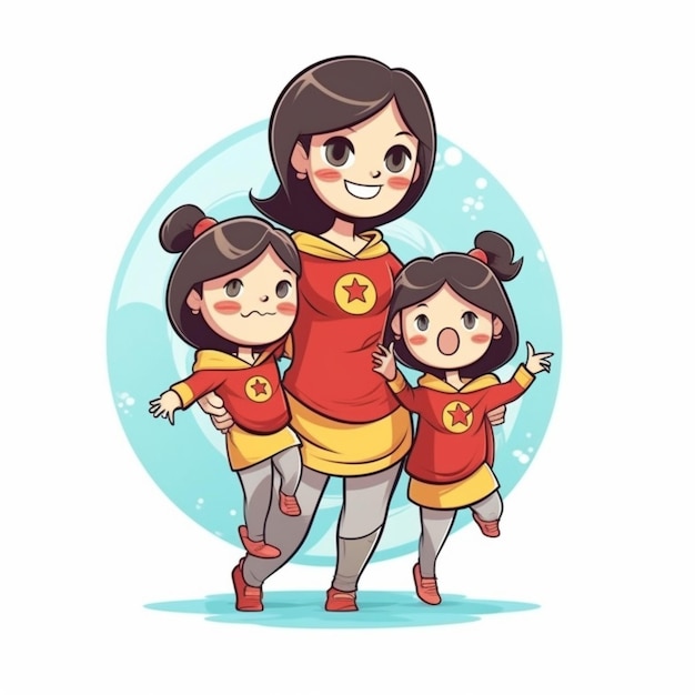 A cartoon illustration of a mother and her three daughters