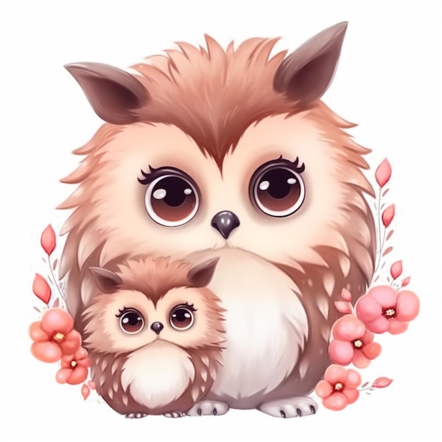 A cartoon illustration of a mother owl and her baby.