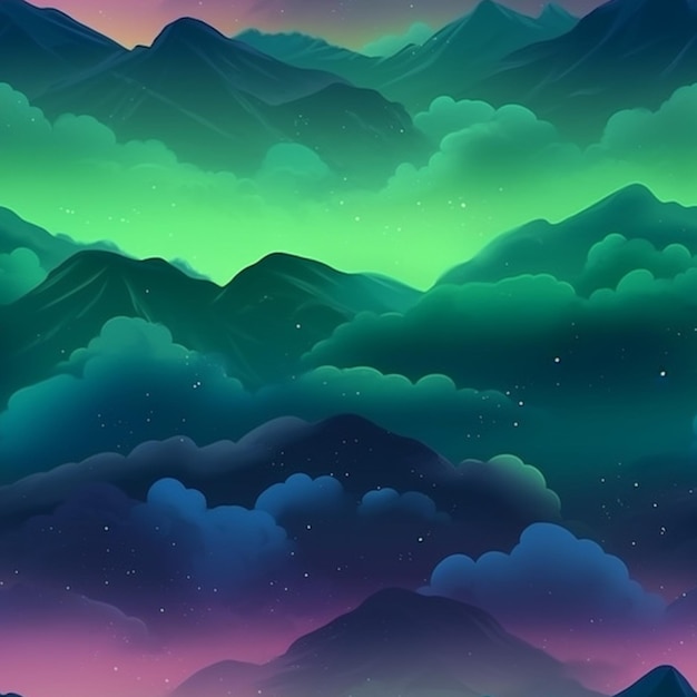 A cartoon illustration of a mountain landscape with a green and purple sky generative ai