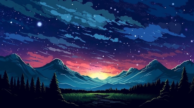 A cartoon illustration of a mountain landscape with a river and a sunset generative ai