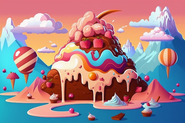 A cartoon illustration of a mountain with a giant cake on it.