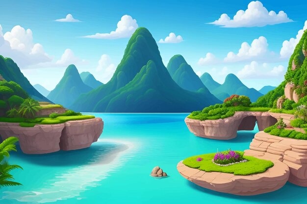 a cartoon illustration of a mountain with a lake and mountains