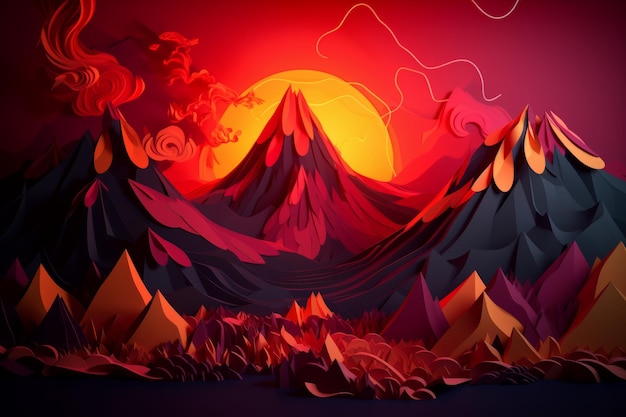 A cartoon illustration of a mountain with a red sun behind it.