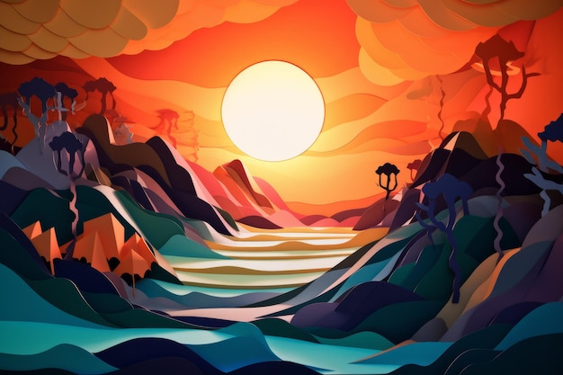 A cartoon illustration of a mountain with a sunset in the background.