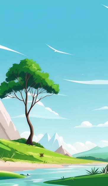 a cartoon illustration of a mountain with a tree and a mountain in the background