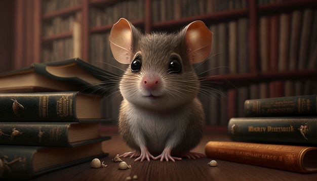 A cartoon illustration of a mouse reading a book ai generative