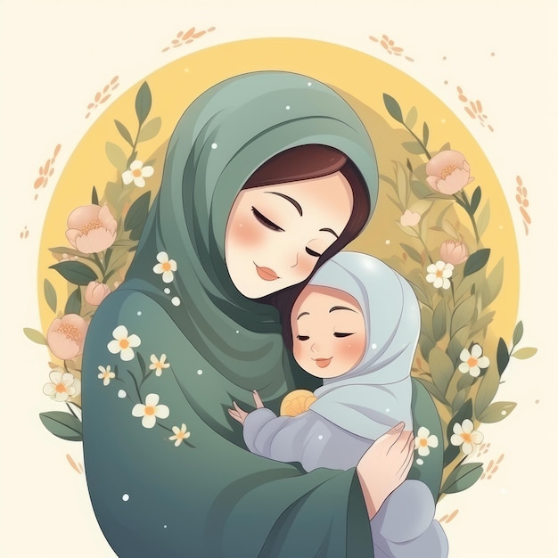 Cartoon illustration of a Muslim woman and her child AI generated Image