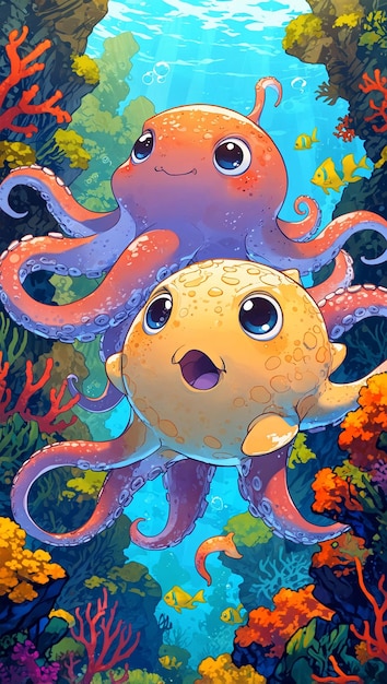 Cartoon illustration of an octopus in the sea 5