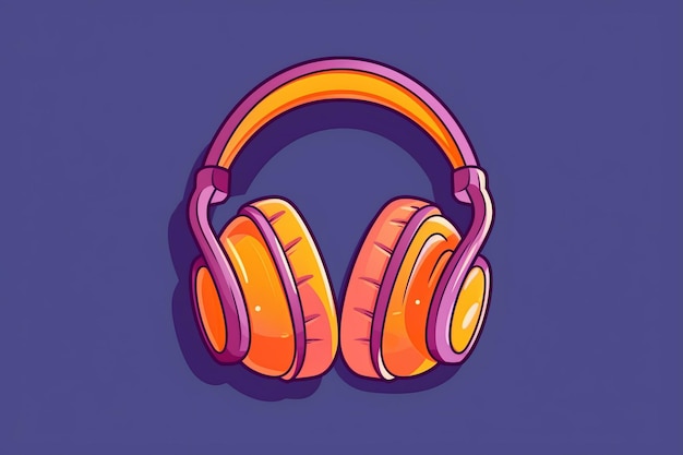 A cartoon illustration of a pair of orange headphones on a purple background.