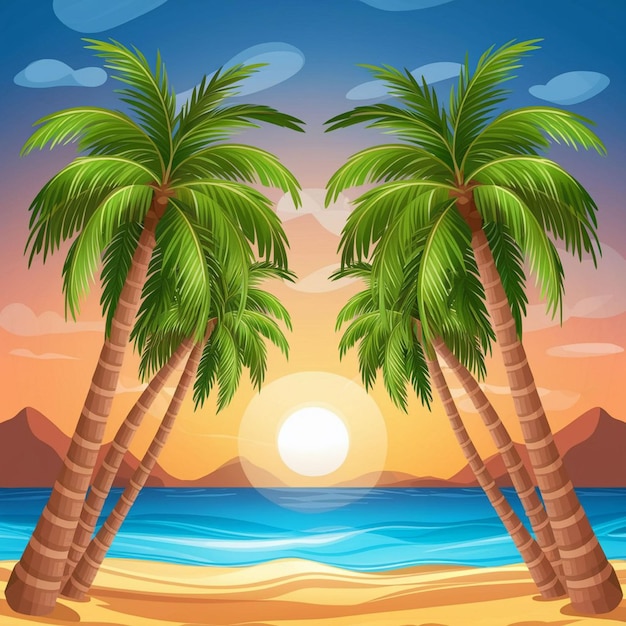 a cartoon illustration of palm trees on a beach with the sun shining through the clouds